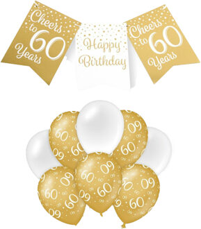 paperdreams Luxe 60 jaar feestversiering set - Ballonnen & vlaggenlijnen - wit/goud