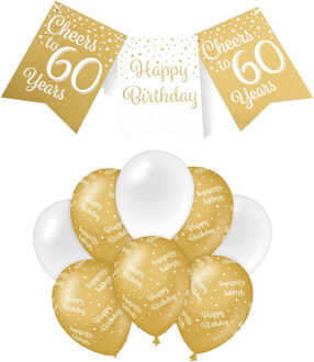 paperdreams Luxe 60 jaar feestversiering set - Ballonnen & vlaggenlijnen - wit/goud