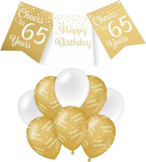 paperdreams Luxe 65 jaar feestversiering set - Ballonnen & vlaggenlijnen - wit/goud