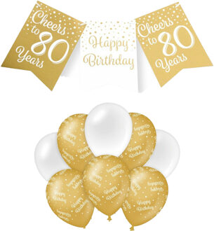 paperdreams Luxe 80 jaar feestversiering set - Ballonnen & vlaggenlijnen - wit/goud