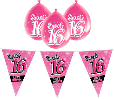 paperdreams Sweet 16 - Sixteen versiering pakket - vlaggetjes - ballonnen - roze - met leeftijd print