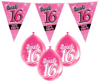 paperdreams Sweet 16 - Sixteen versiering pakket - vlaggetjes - ballonnen - roze - met leeftijd print