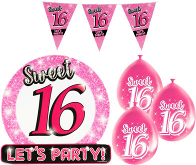 paperdreams Sweet 16 - Sweet Sixteen verjaardag versiering - pakket vlaggetjes - ballonnen - roze
