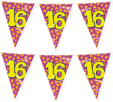 paperdreams Verjaardag 16 jaar thema vlaggetjes - 2x - feestversiering - 10m - folie - dubbelzijdig