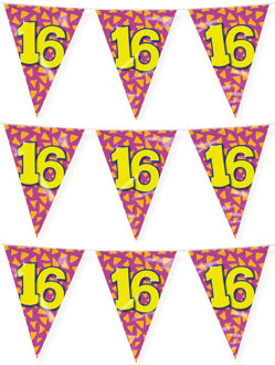 paperdreams Verjaardag 16 jaar thema vlaggetjes - 3x - feestversiering - 10m - folie - dubbelzijdig