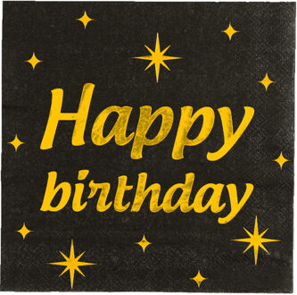 paperdreams Verjaardag feest servetten - Happy Birthday - 16x stuks - zwart/goud - 33 x 33 cm