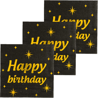 paperdreams Verjaardag feest servetten - Happy Birthday - 48x stuks - zwart/goud - 33 x 33 cm