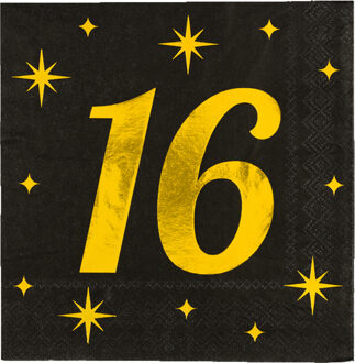 paperdreams Verjaardag feest servetten - leeftijd 16 jaar - 16x stuks - zwart/goud - sterren - 33 x 33 cm