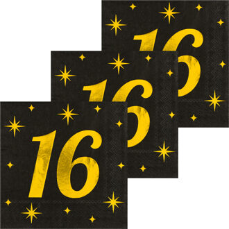 paperdreams Verjaardag feest servetten - leeftijd 16 jaar - 48x stuks - zwart/goud - sterren - 33 x 33 cm