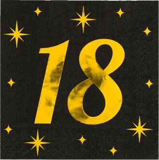 paperdreams Verjaardag feest servetten - leeftijd 18 jaar - 16x stuks - zwart/goud - sterren - 33 x 33 cm