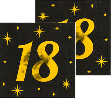 paperdreams Verjaardag feest servetten - leeftijd 18 jaar - 32x stuks - zwart/goud - sterren - 33 x 33 cm