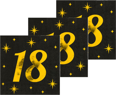 paperdreams Verjaardag feest servetten - leeftijd 18 jaar - 48x stuks - zwart/goud - sterren - 33 x 33 cm