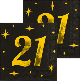 paperdreams Verjaardag feest servetten - leeftijd 21 jaar - 32x stuks - zwart/goud - sterren - 33 x 33 cm