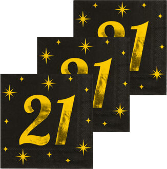 paperdreams Verjaardag feest servetten - leeftijd 21 jaar - 48x stuks - zwart/goud - sterren - 33 x 33 cm