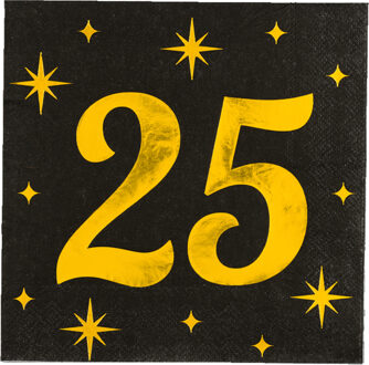 paperdreams Verjaardag feest servetten - leeftijd 25 jaar - 16x stuks - zwart/goud - sterren - 33 x 33 cm