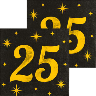 paperdreams Verjaardag feest servetten - leeftijd 25 jaar - 32x stuks - zwart/goud - sterren - 33 x 33 cm