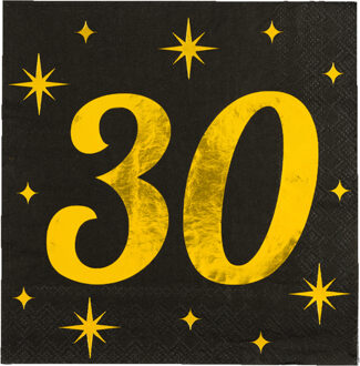 paperdreams Verjaardag feest servetten - leeftijd 30 jaar - 16x stuks - zwart/goud - sterren - 33 x 33 cm