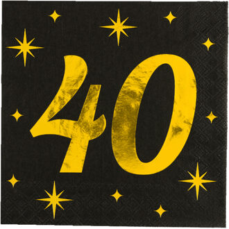 paperdreams Verjaardag feest servetten - leeftijd 40 jaar - 16x stuks - zwart/goud - sterren - 33 x 33 cm
