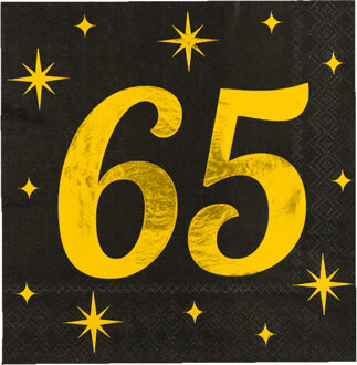 paperdreams Verjaardag feest servetten - leeftijd 65 jaar - 16x stuks - zwart/goud - sterren - 33 x 33 cm