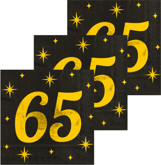 paperdreams Verjaardag feest servetten - leeftijd 65 jaar - 48x stuks - zwart/goud - sterren - 33 x 33 cm
