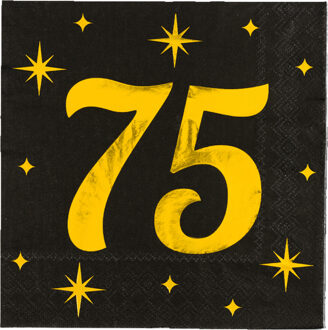 paperdreams Verjaardag feest servetten - leeftijd 75 jaar - 16x stuks - zwart/goud - sterren - 33 x 33 cm