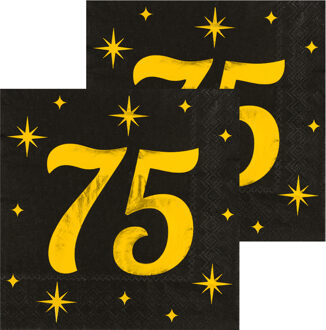 paperdreams Verjaardag feest servetten - leeftijd 75 jaar - 32x stuks - zwart/goud - sterren - 33 x 33 cm