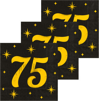 paperdreams Verjaardag feest servetten - leeftijd 75 jaar - 48x stuks - zwart/goud - sterren - 33 x 33 cm