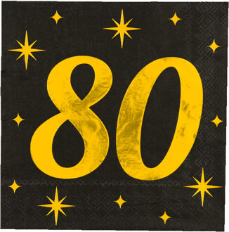 paperdreams Verjaardag feest servetten - leeftijd 80 jaar - 16x stuks - zwart/goud - sterren - 33 x 33 cm