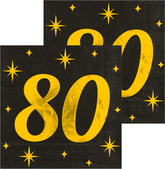 paperdreams Verjaardag feest servetten - leeftijd 80 jaar - 32x stuks - zwart/goud - sterren - 33 x 33 cm
