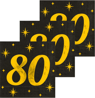 paperdreams Verjaardag feest servetten - leeftijd 80 jaar - 48x stuks - zwart/goud - sterren - 33 x 33 cm