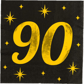 paperdreams Verjaardag feest servetten - leeftijd 90 jaar - 16x stuks - zwart/goud - sterren - 33 x 33 cm