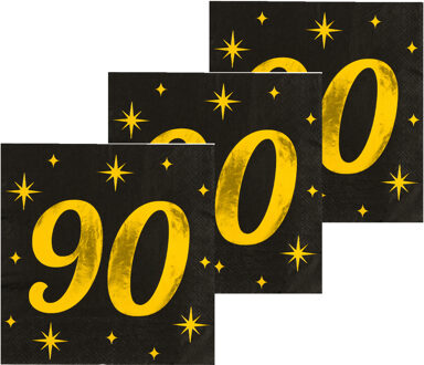 paperdreams Verjaardag feest servetten - leeftijd 90 jaar - 48x stuks - zwart/goud - sterren - 33 x 33 cm