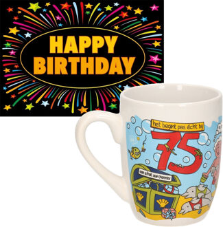 paperdreams Verjaardag mok/beker 75 jaar man met fun-tekst 300ml + wenskaart Happy Birthday