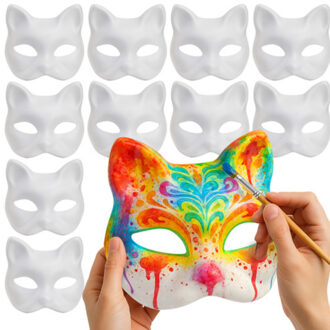 Papier mache maskers kat/poes - set 10x stuks - DIY schilderen - 17 x 18 cm - maskers maken