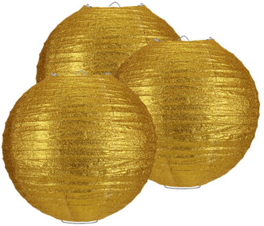 Papieren feest lampion met glitters - 3x - goud - Dia 25 cm - versiering - feestartikelen