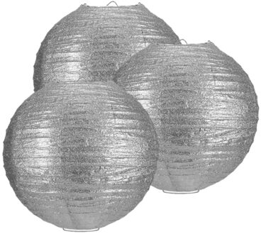 Papieren feest lampion met glitters - 8x - zilver - Dia 25 cm - versiering - feestartikelen