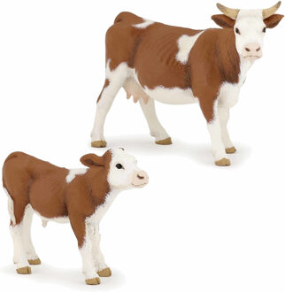 Papo Plastic speelgoed figuren bonte koe en kalfje 13 en 6 cm - Boerderij dieren setje