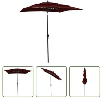 Parasol 3-laags - UV-beschermend polyester - Bordeauxrood - 200 x 200 x 240 cm - Diameter paal- 38 mm