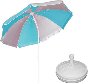 Parasol - blauw/wit - D120 cm - incl. draagtas - parasolvoet - 42 cm