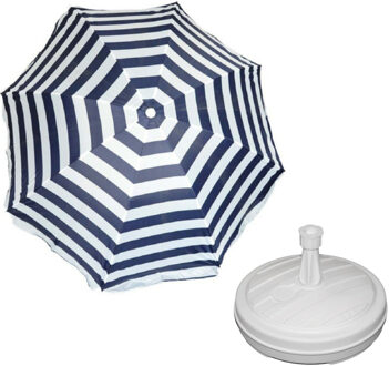 Parasol - blauw/wit - D160 cm - incl. draagtas - parasolvoet - 42 cm