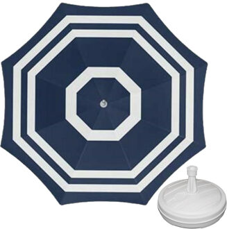 Parasol - blauw/wit - D180 cm - incl. draagtas - parasolvoet - 42 cm