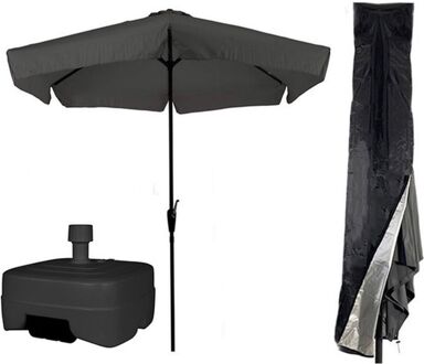 Parasol Grijs COMBI - Grijze Parasol met Parasolhoes en Extra Zware Vulbare Verrijdbare Parasolvoet