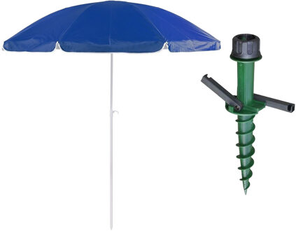 Parasol met dikke grondharing - blauw - polyester - Dia 200 cm - voor het strand