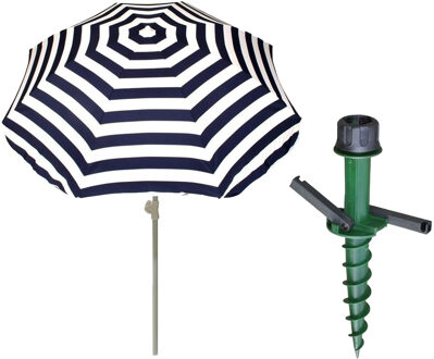 Parasol met dikke grondharing - blauw/wit gestreept - polyester - Dia 180 cm - voor het strand