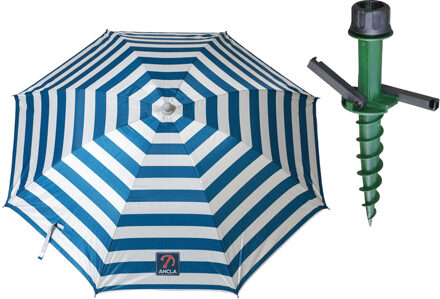 Parasol met dikke grondharing - blauw/wit gestreept - polyester - Dia 180 cm - voor het strand