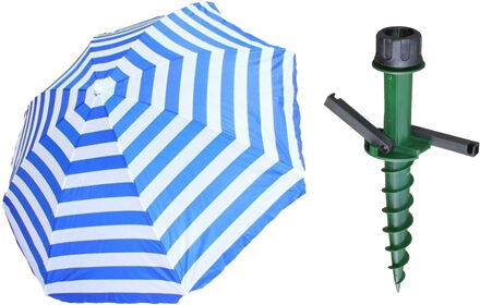 Parasol met dikke grondharing - blauw/wit mix - polyester - Dia 165 cm - voor het strand - Zomers