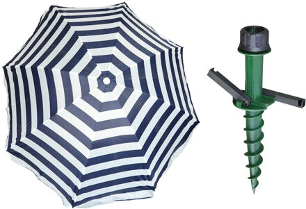 Parasol met dikke grondharing - blauw/wit mix - polyester - Dia 199 cm - voor het strand - Zomers