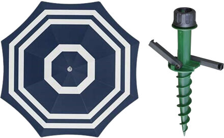 Parasol met dikke grondharing - blauw/wit mix - polyester - Dia 199 cm - voor het strand - Zomers