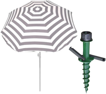 Parasol met dikke grondharing - grijs/wit gestreept - polyester - Dia 180 cm - voor het strand