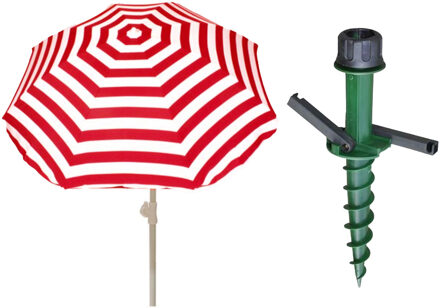 Parasol met dikke grondharing - rood/wit gestreept - polyester - Dia 180 cm - voor het strand